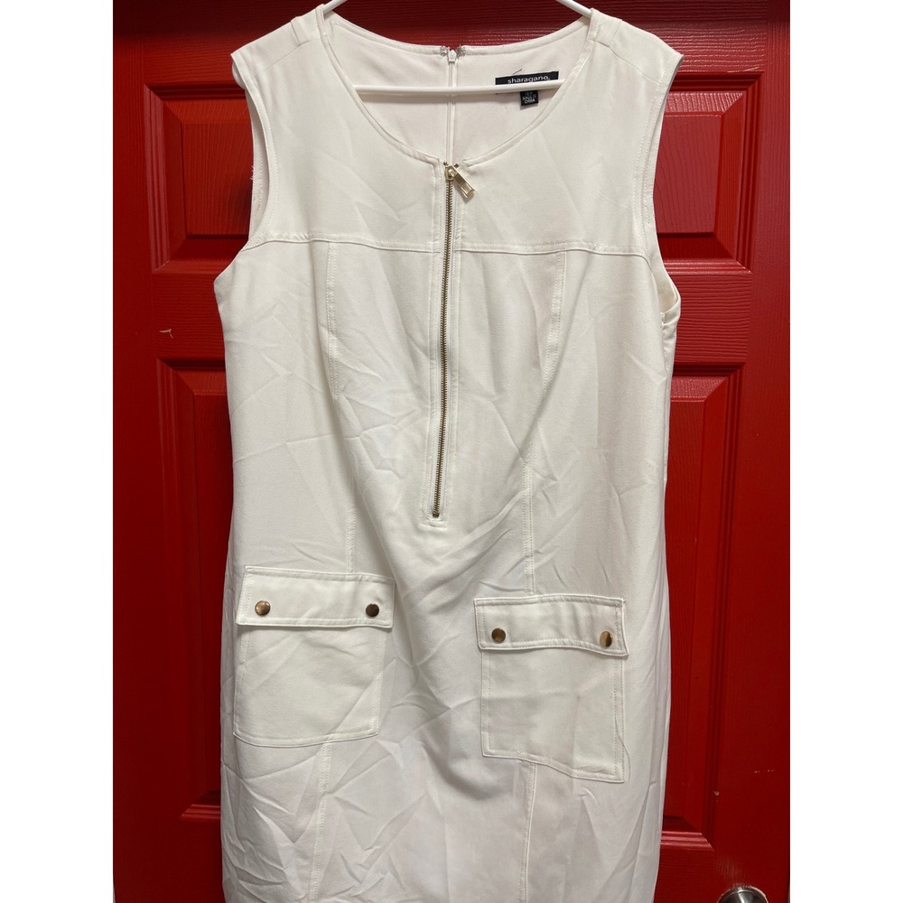 Sharagano Woman White Sleeveless Zip Front Sheath Dress Plus Size 18W